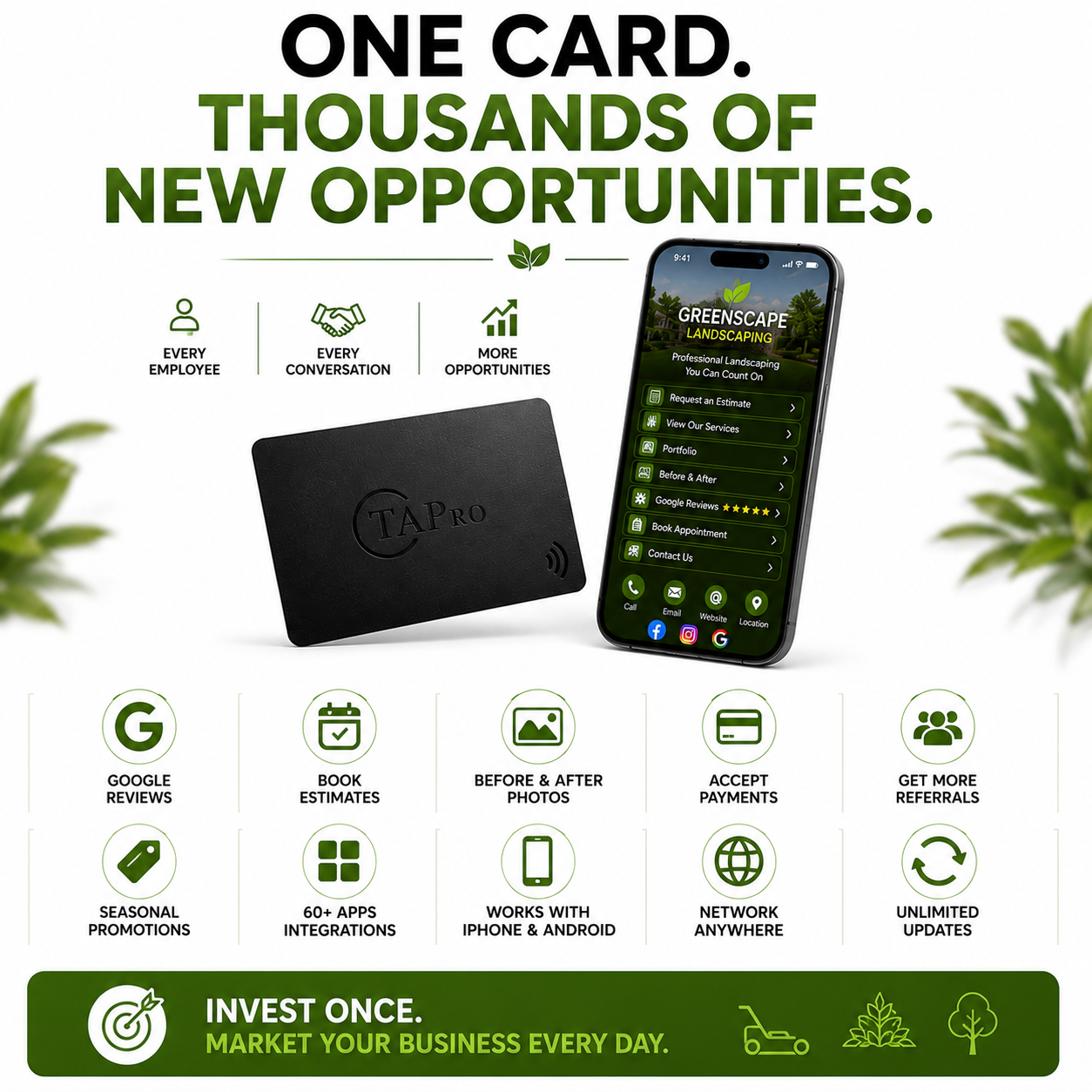 Digital business card profile for landscaping companies featuring contact information, estimates, services and portfolio.