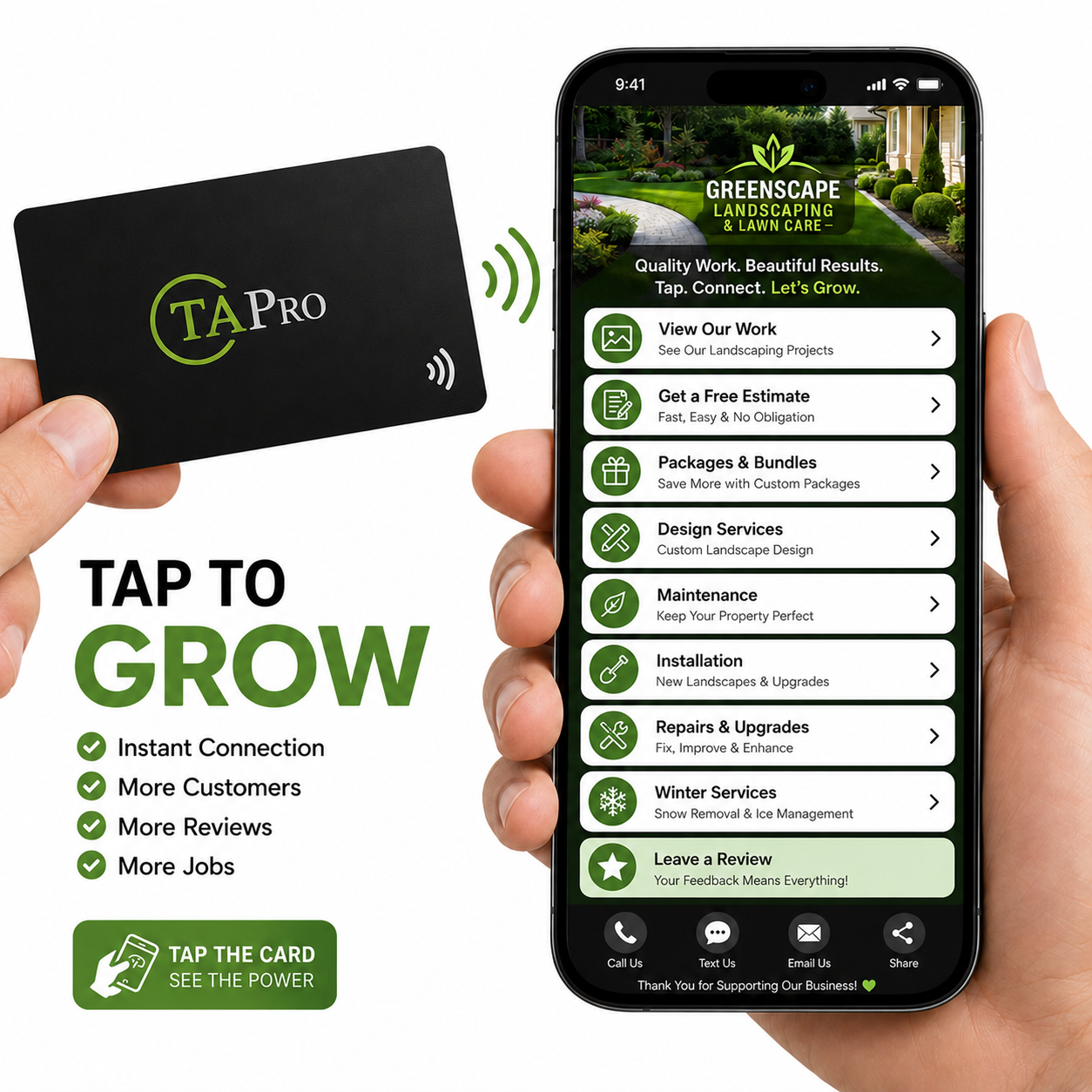 TAPro Google review NFC business card helping landscaping companies collect more Google reviews and customer referrals.