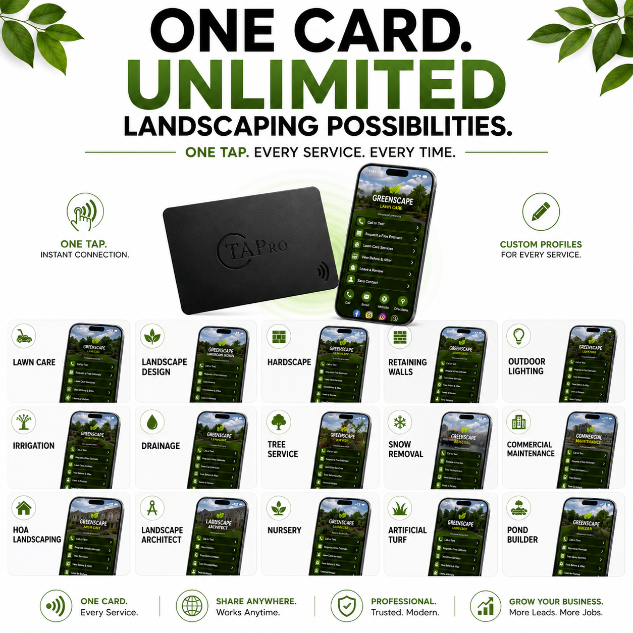 TAPro NFC digital business cards for landscaping employees, estimators, project managers and sales teams.