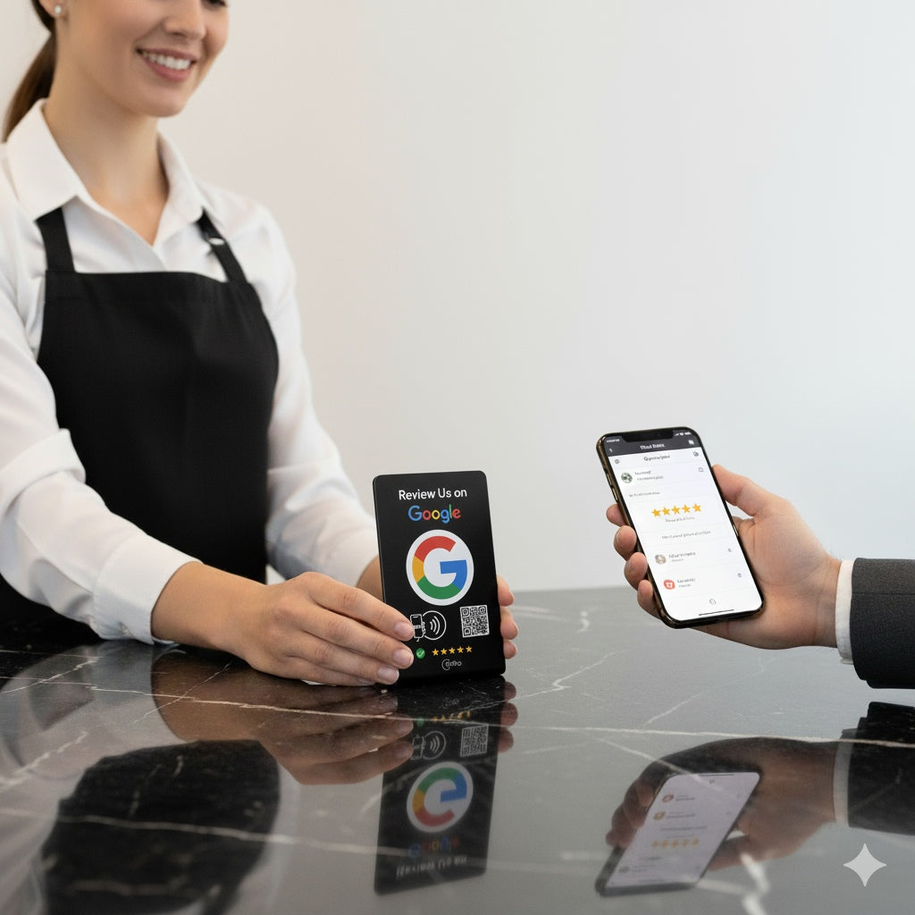 Black and white TAPro Google Review Stands with built-in NFC and QR for fast customer reviews.