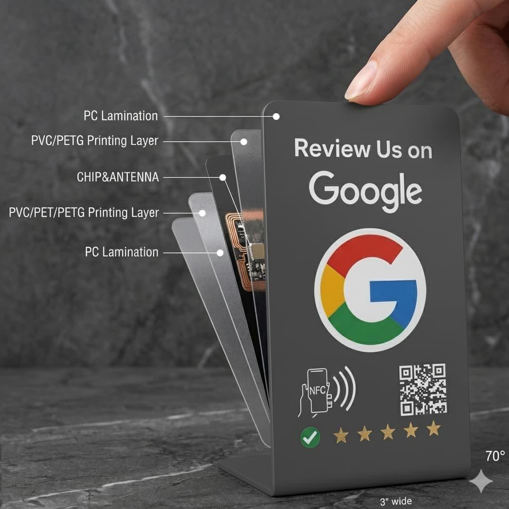Gray NFC review card with Google logo, QR code, and 5-star rating, held at 70° angle on stand for contactless customer feedback