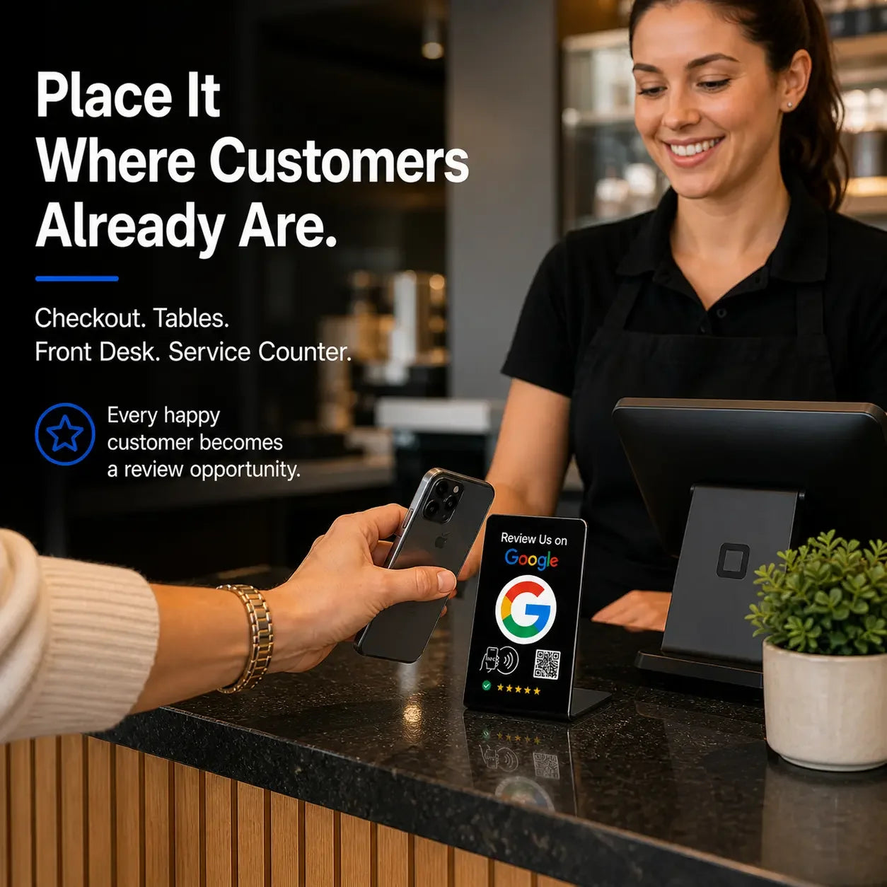 Customer tapping phone on black NFC review stand at checkout counter to leave Google review, boosting local business feedback and reputation growth