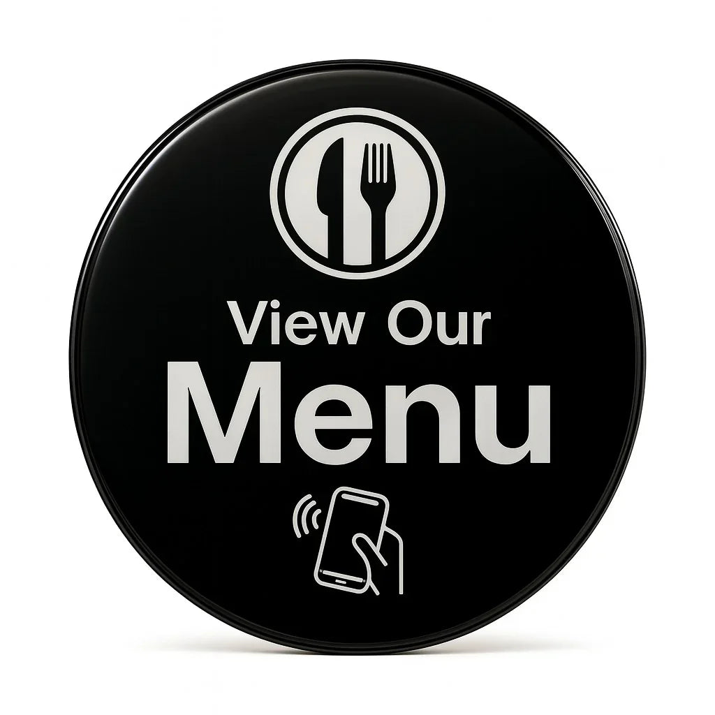 Black circular NFC menu button with tap-to-view icon, enabling contactless menu access and customer feedback for restaurants.