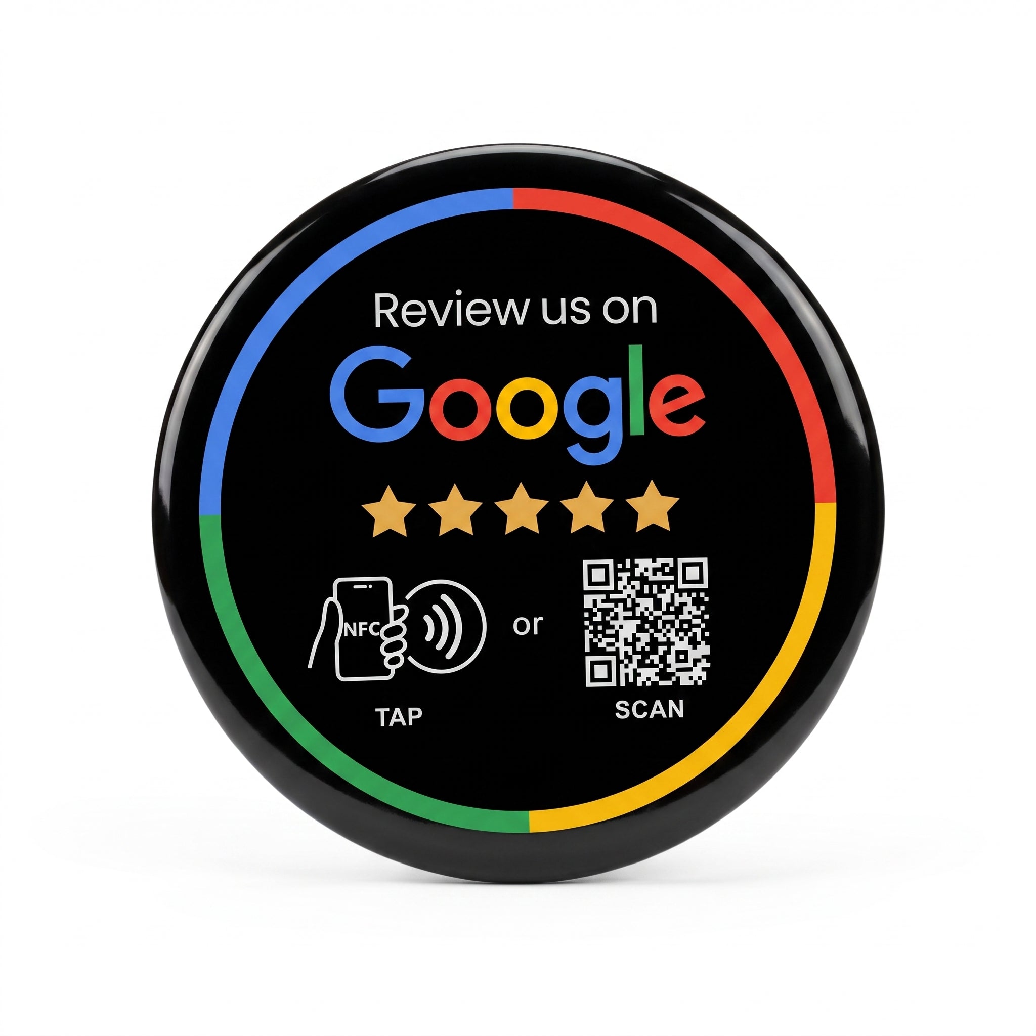TAPro black round Google review NFC sticker with QR code for tap or scan reviews