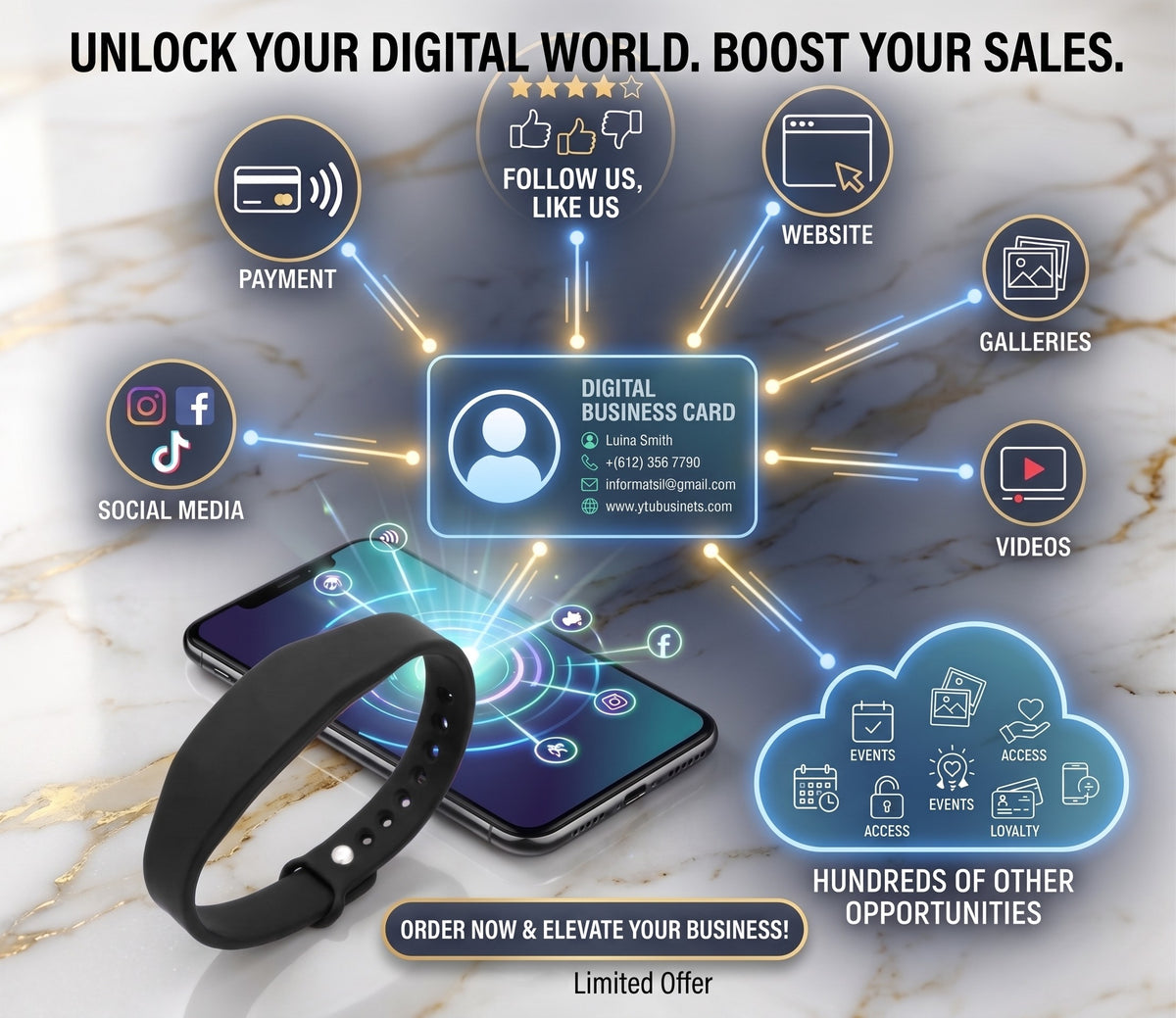 A promotional graphic for a digital business card and smartwatch band. A black silicone wristband is shown next to a smartphone displaying a digital business card interface, with icons and text around it including payment, website, galleries, videos, social media, follow us, and payment methods.