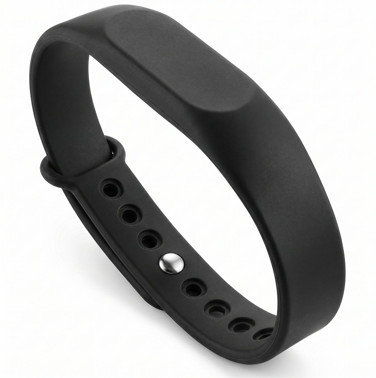 A matte black silicone fitness tracker band with a quick-release metal snap button, shown on a clean white background.