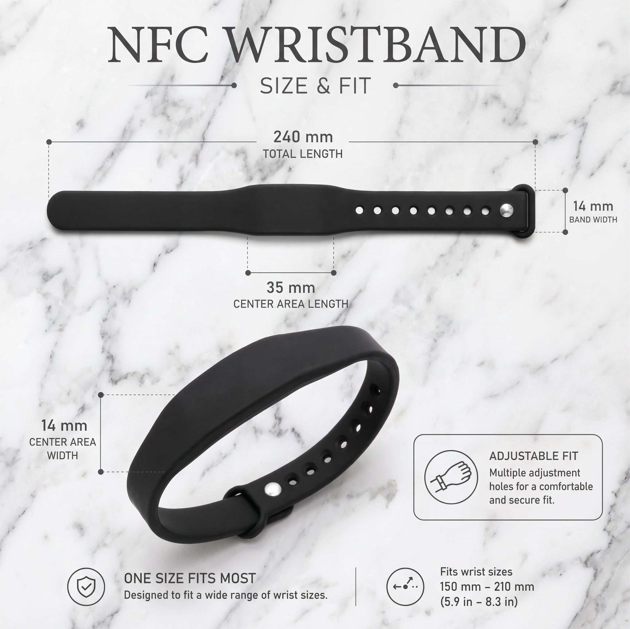 NFC wristband size and fit diagram showing two black adjustable silicone wristbands on a white marble background, with measurements for total length, band width, center area length, and center area width.