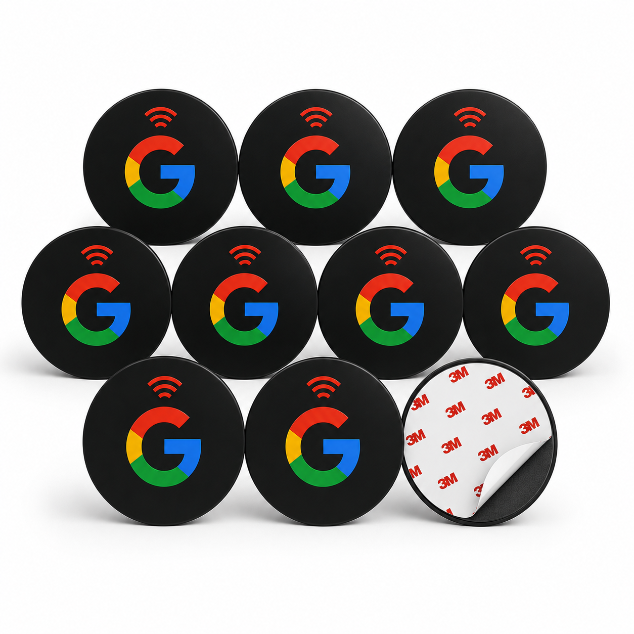 Black circular NFC review stickers with Google G logo and 3M adhesive, for contactless customer feedback and reputation growth