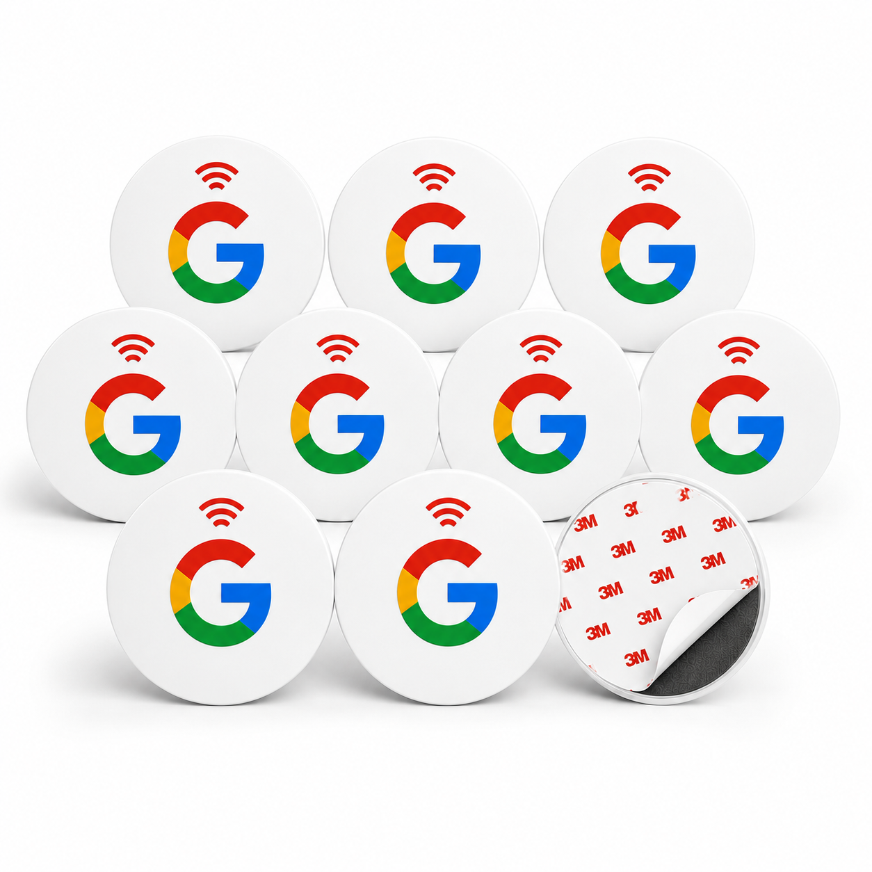 White circular NFC review stickers with Google G logo and Wi-Fi symbol, 3M adhesive back, for contactless customer feedback and review growth