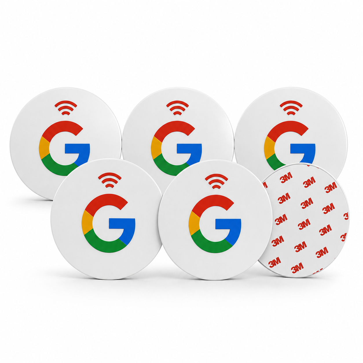 White circular NFC review stickers with Google G logo and Wi-Fi symbol, featuring 3M adhesive back for easy placement to collect customer feedback via tap or scan.
