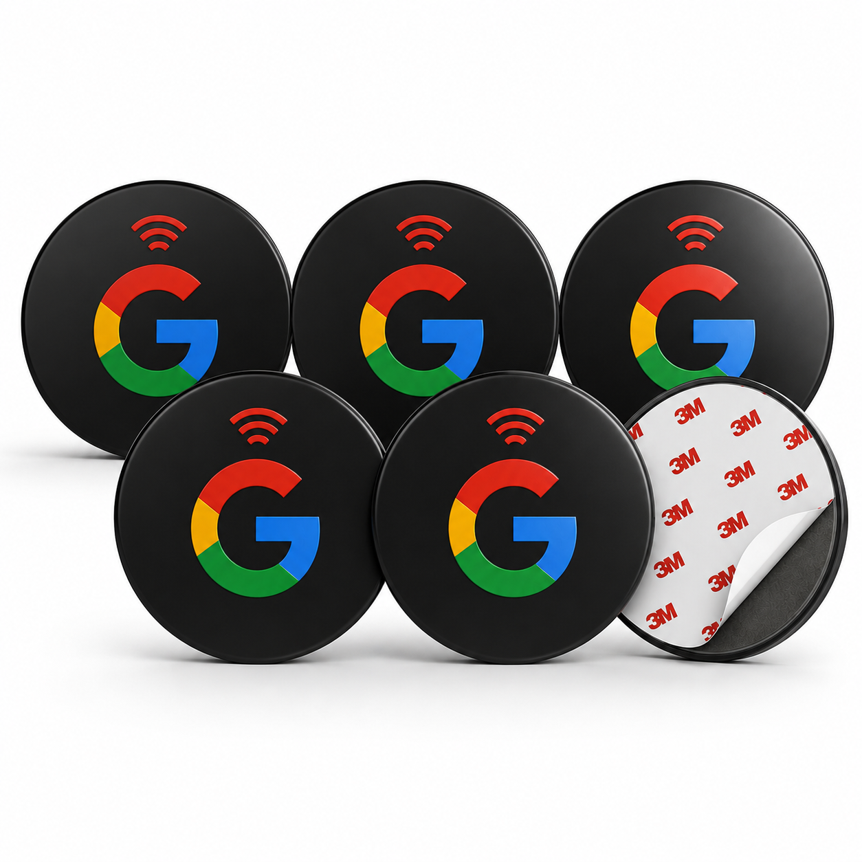 Black circular NFC review stickers with Google logo, 3M adhesive backing, for contactless customer feedback and local business reputation growth.