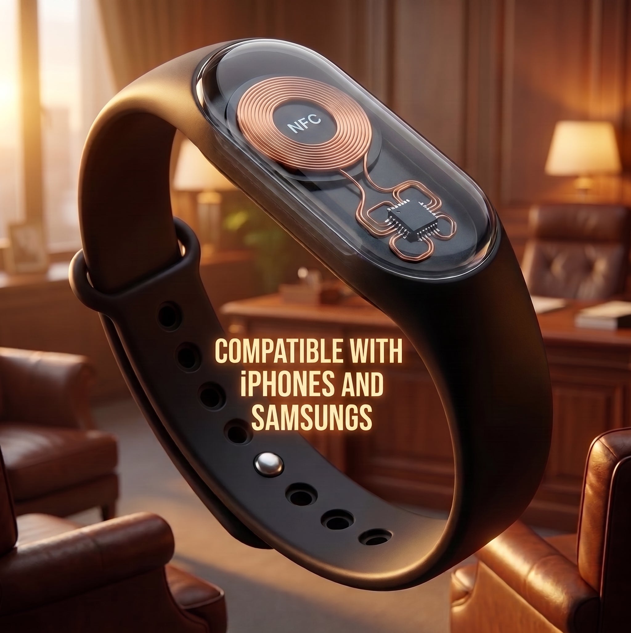 A black smart band with a transparent face showing copper-colored NFC and circuit graphics, floating over a warm brown office interior. Text on the image reads 'COMPATIBLE WITH IPHONES AND SAMSUNGS'.