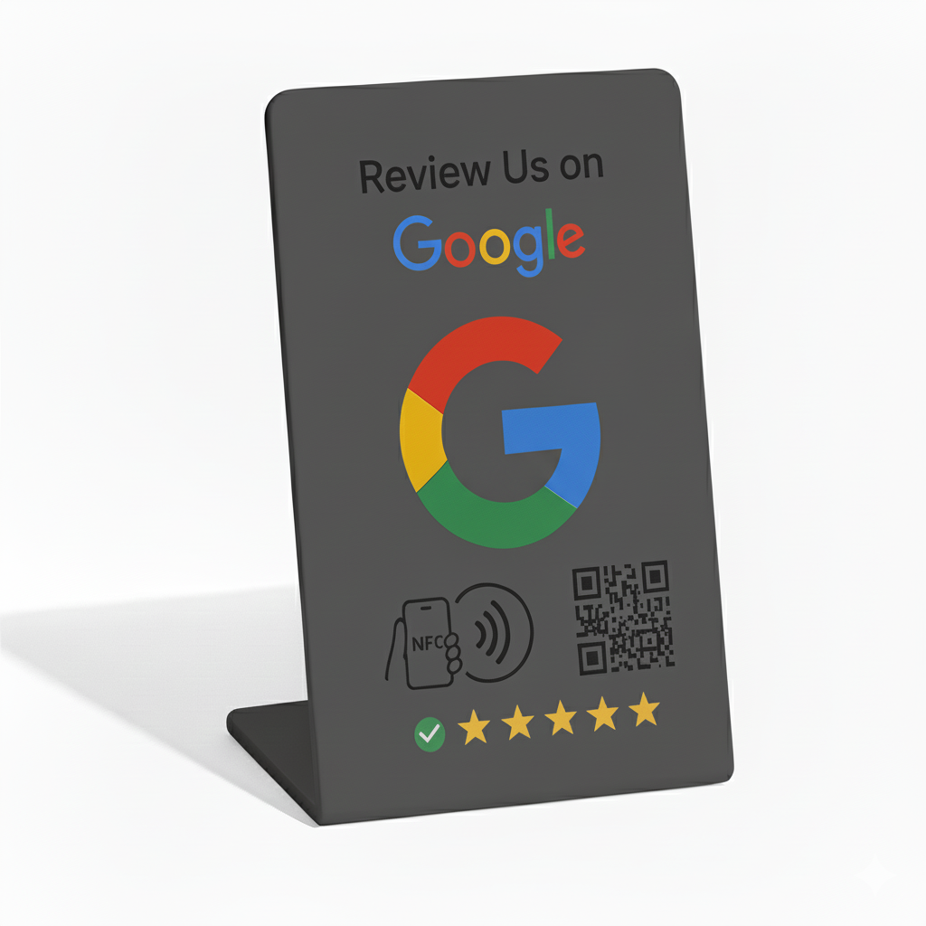 Pink NFC Google Review stand with QR code for salons and customer-facing businesses