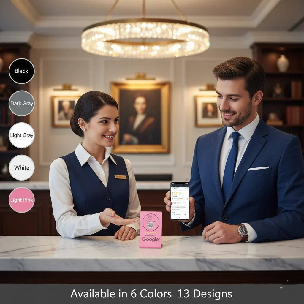 Pink NFC review card on marble desk, guest taps phone for Google feedback, staff smiles, 6 color options shown