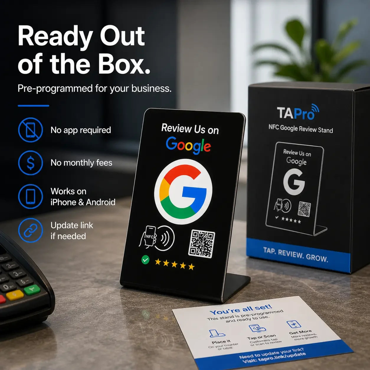Black NFC review stand with Google logo, QR code & tap icon on counter, for instant customer feedback & reputation growth