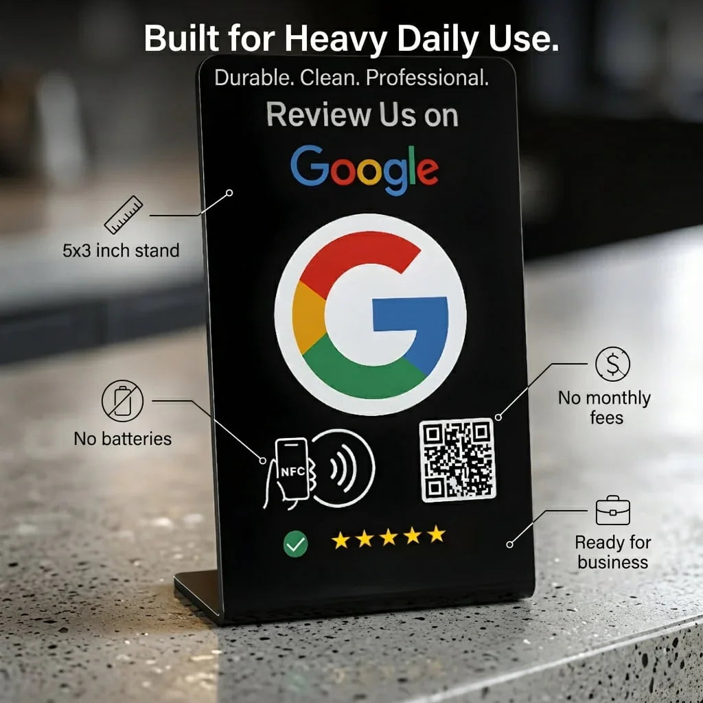 Black 5x3 inch NFC Google review stand with QR code, battery-free, for customer feedback and local business reputation growth