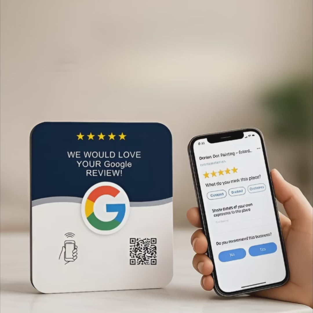 Google Review Sign – 4x4 Inch Blue Plaque, NFC & QR Code, Tap to Collect 5-Star Reviews Instantly, Countertop Display | TAPro