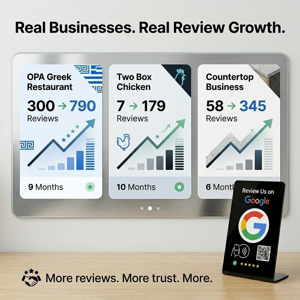Black NFC review stand with QR code and Google logo, shown beside wall display of review growth stats for local businesses