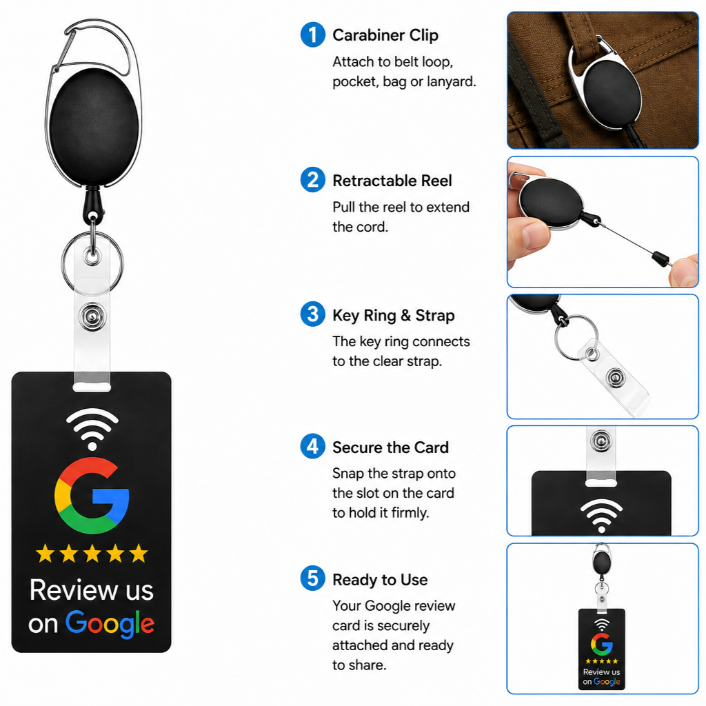 Retractable Google Review Badge Reel Kit dimensions showing NFC review card, badge holder, retractable cord and product specifications.