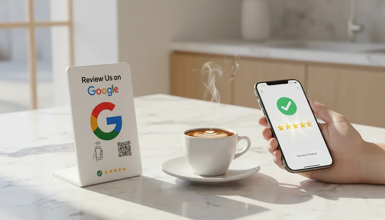 White NFC review stand with Google logo and QR code on marble table, paired with phone showing 5-star confirmation for customer feedback collection.