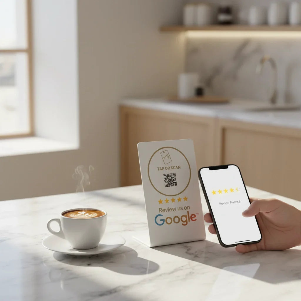 White NFC review stand with QR code on marble counter, hand tapping phone to leave Google review, coffee cup nearby
