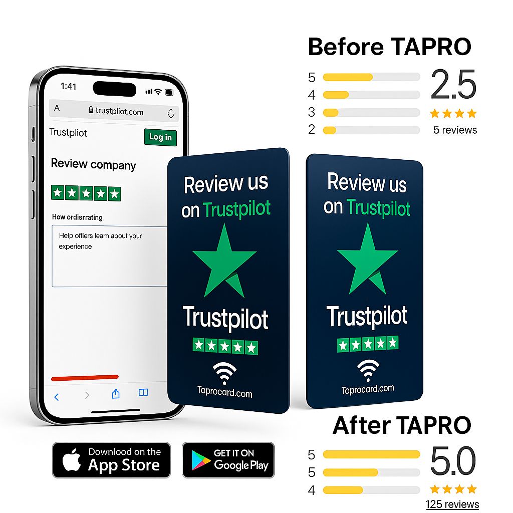 TAPro Review Us on Trustpilot NFC Card – smart tap card to collect customer feedback instantly with QR and NFC technology