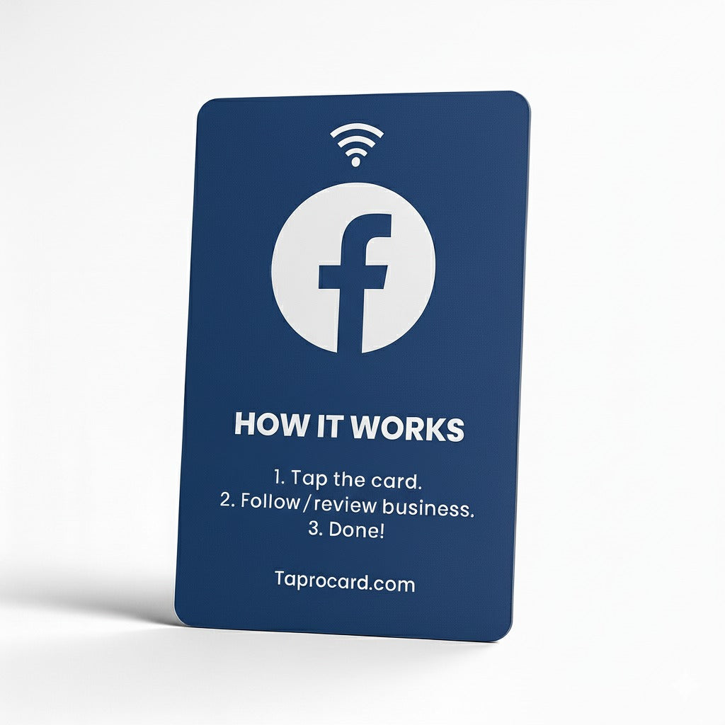 Blue card with Facebook logo and instructions on a white background