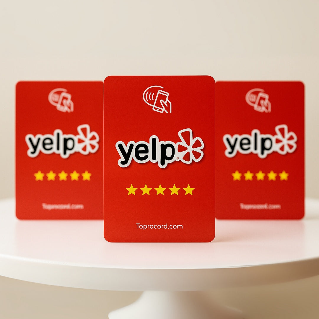 White contactless Yelp review card NFC tap card with QR code for restaurants salons and local businesses red 3 pack 