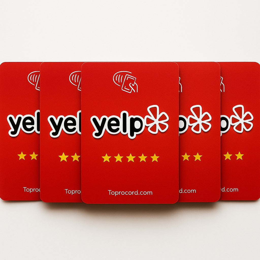 White contactless Yelp review card NFC tap card with QR code for restaurants salons and local businesses red 5 pack 