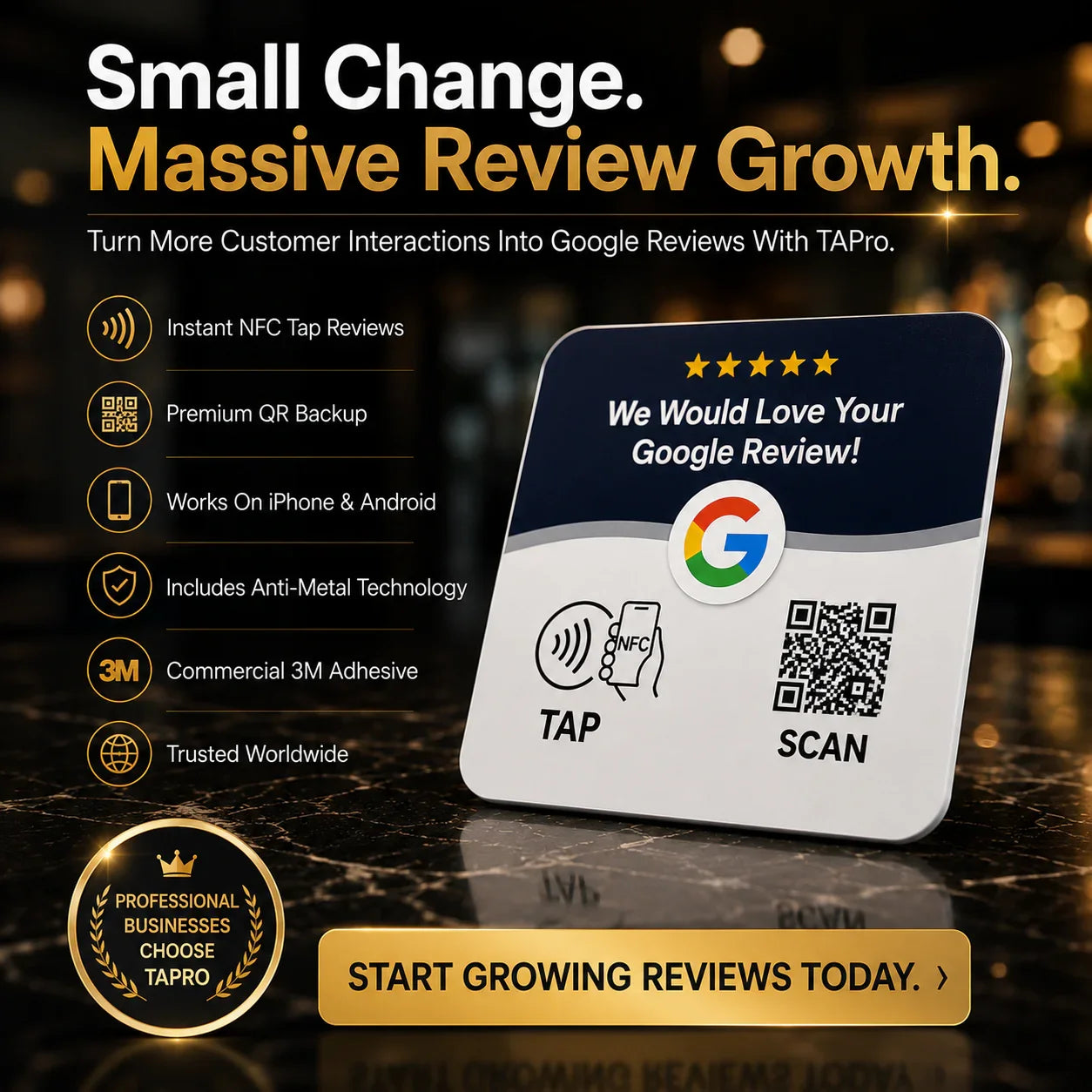 White NFC review plate with Google logo, QR code, and tap/scan prompts on dark marble, for instant customer feedback and review growth.