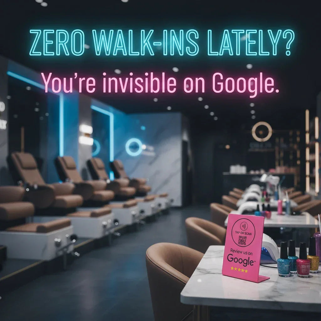 Pink NFC review card on marble table in salon, prompts Google reviews via tap or scan for customer feedback and local business growth.