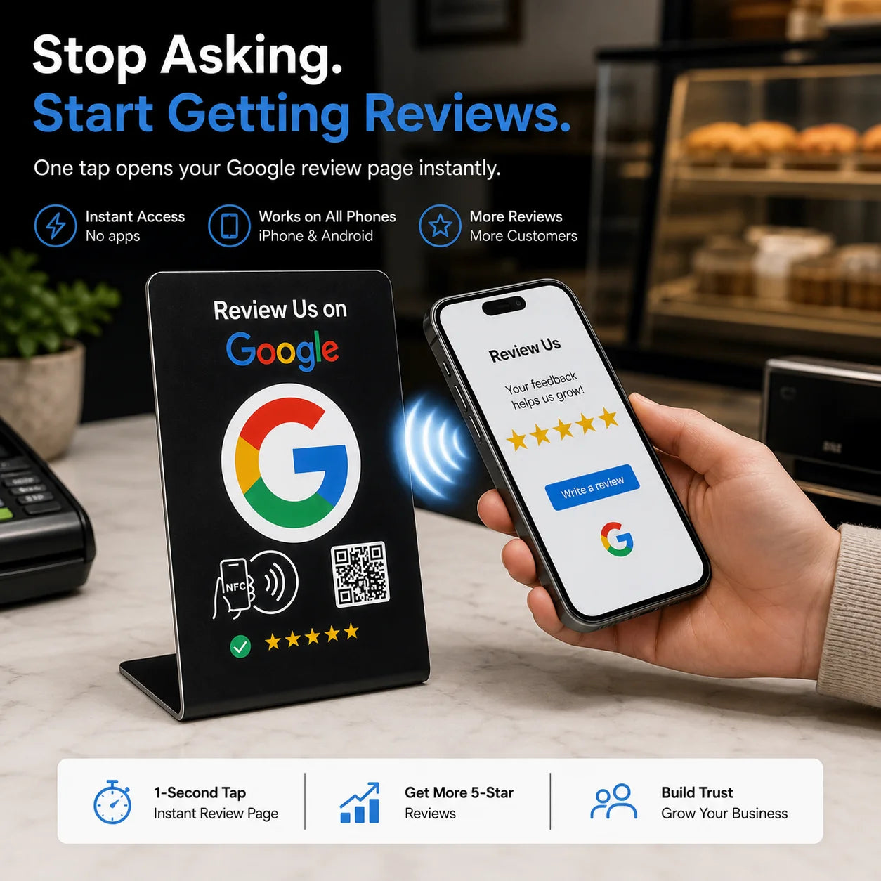 Customer activating a Google Review NFC system using an iPhone and the TAPro dashboard