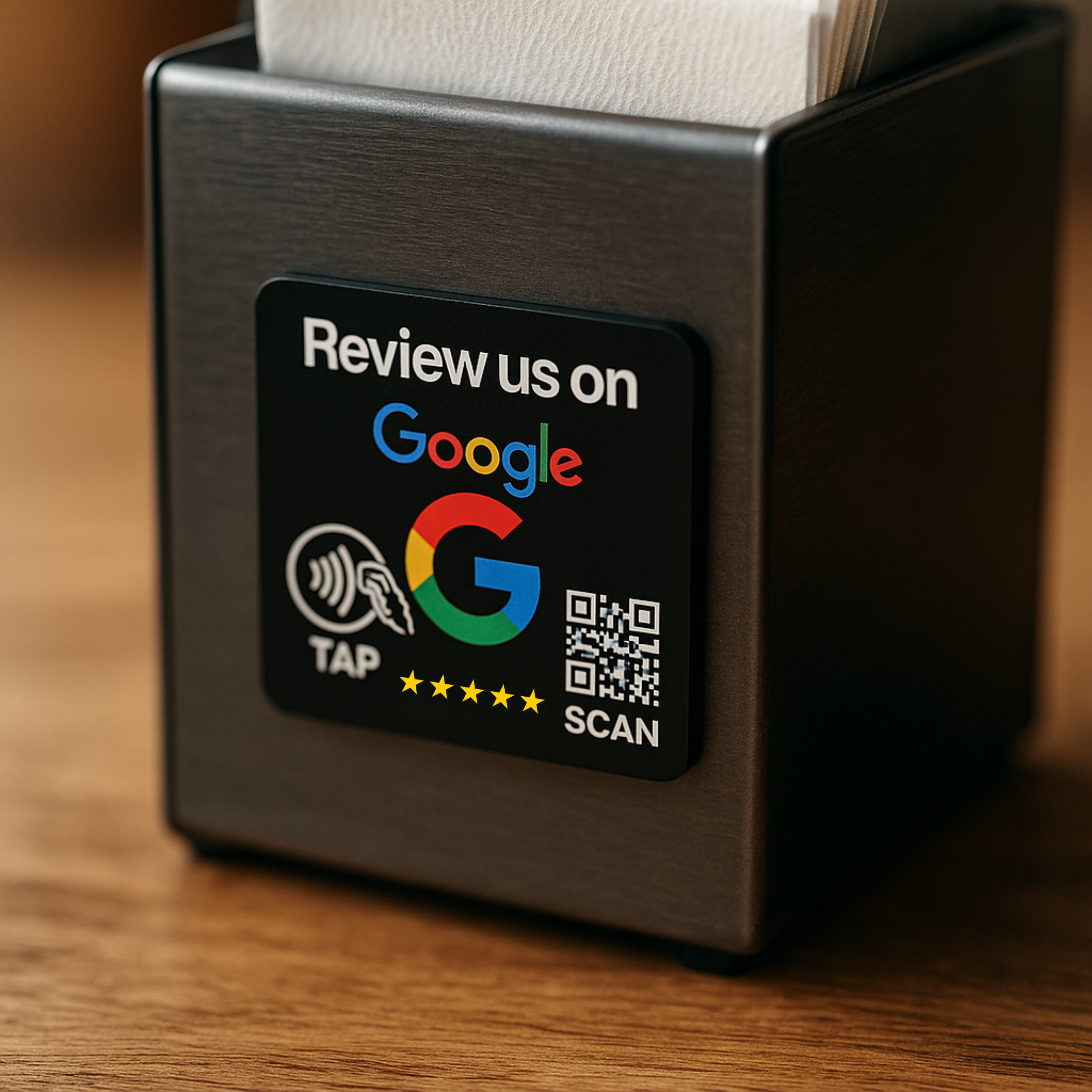 Black NFC review card with Google logo, tap & scan icons, 5 stars on napkin dispenser for customer feedback collection
