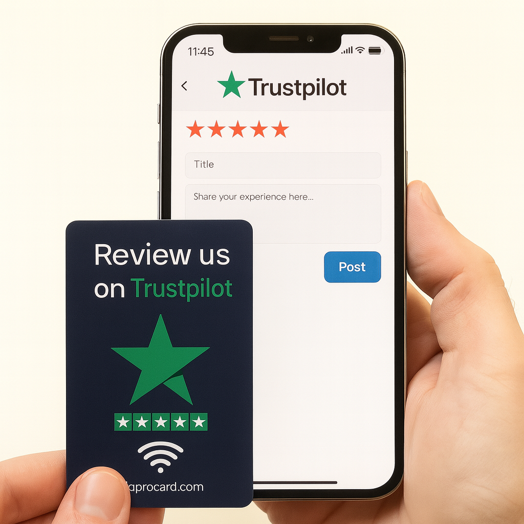 Review Us on Trustpilot NFC Card Bundle – 3-pack and 5-pack professional cards to increase customer trust and sales