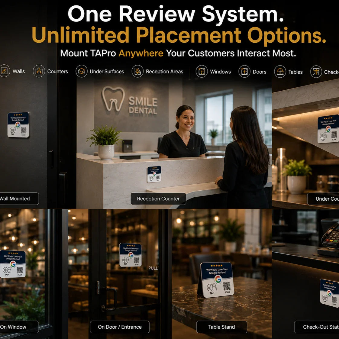 NFC review card with QR code mounted on dental office counter, door, window & table for easy Google feedback collection