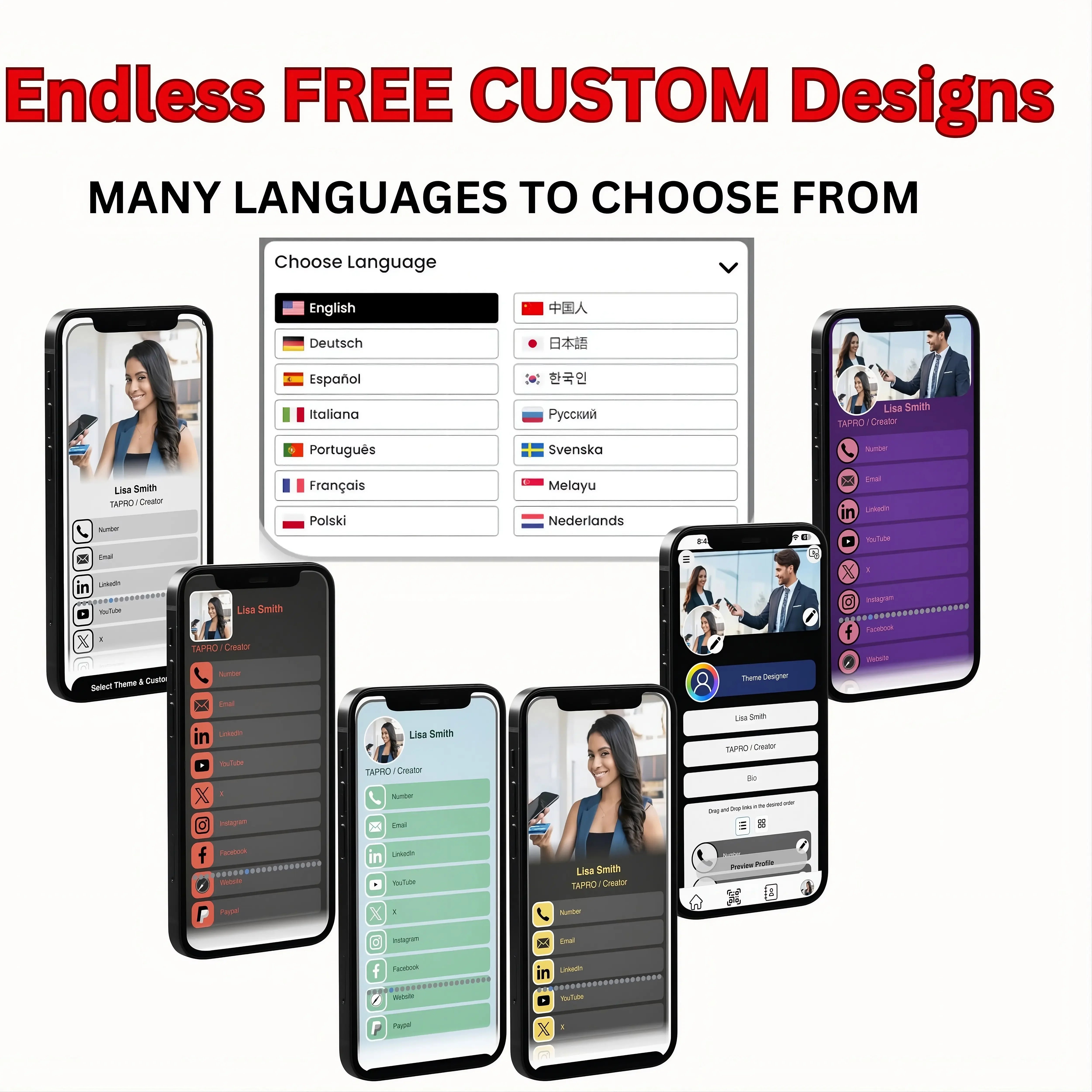 Customizable digital contact cards with multi-language support for NFC review collection and customer engagement