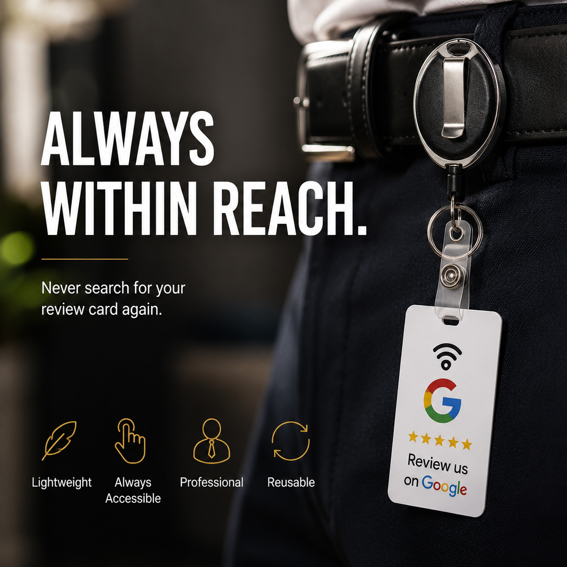 Wearable Google Review Badge Reel designed for receptionists, contractors, sales teams, healthcare staff and retail employees.