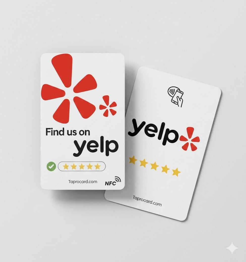 White contactless Yelp review card NFC tap card with QR code for restaurants salons and local businesses